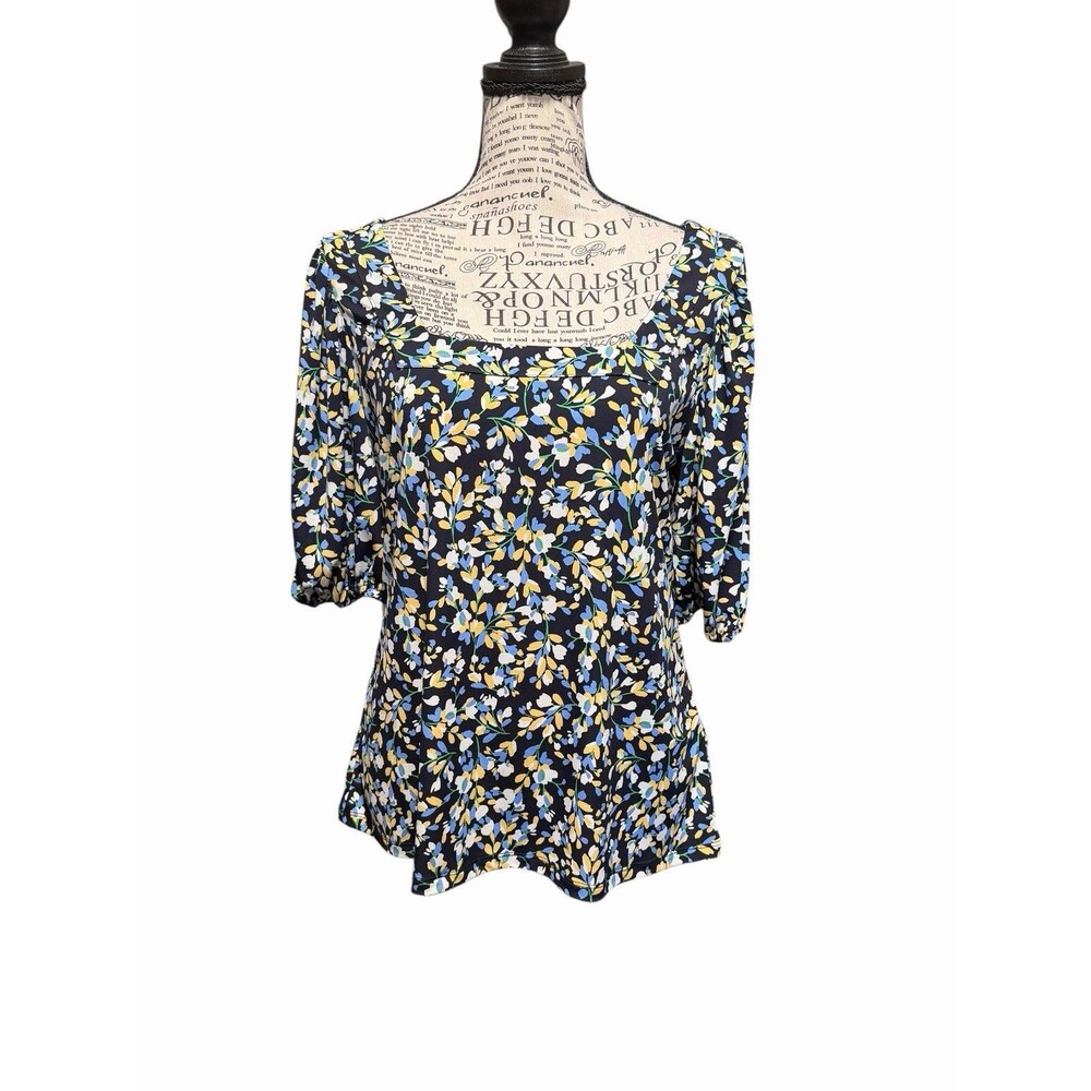 CeCe Women’s Blue White Floral Puff Sleeves Blouse Size Medium Boho Cottagecore